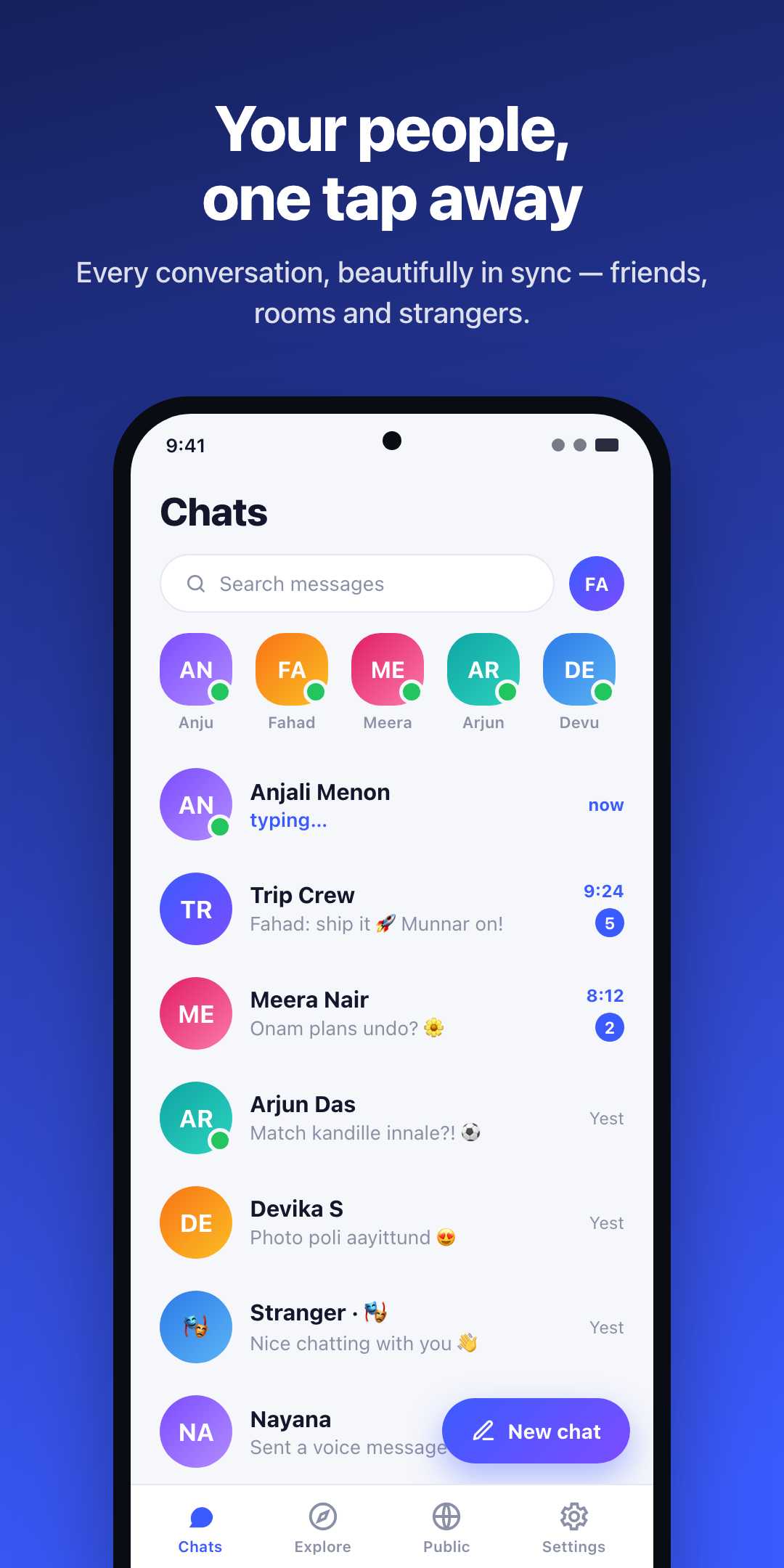 MalluChat chat list screen — all your conversations in one place