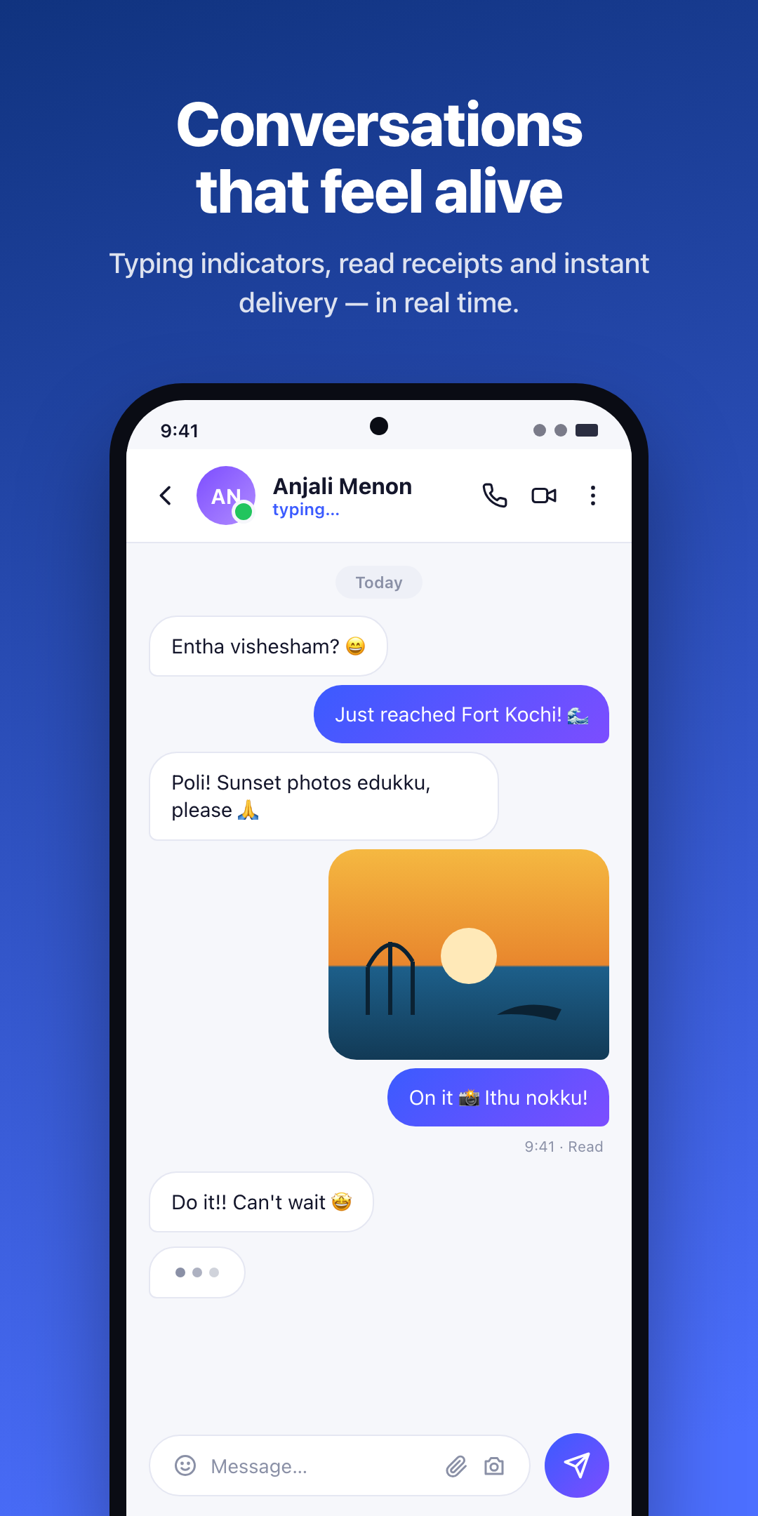 Chat conversation screen with typing indicators, read receipts, and instant delivery