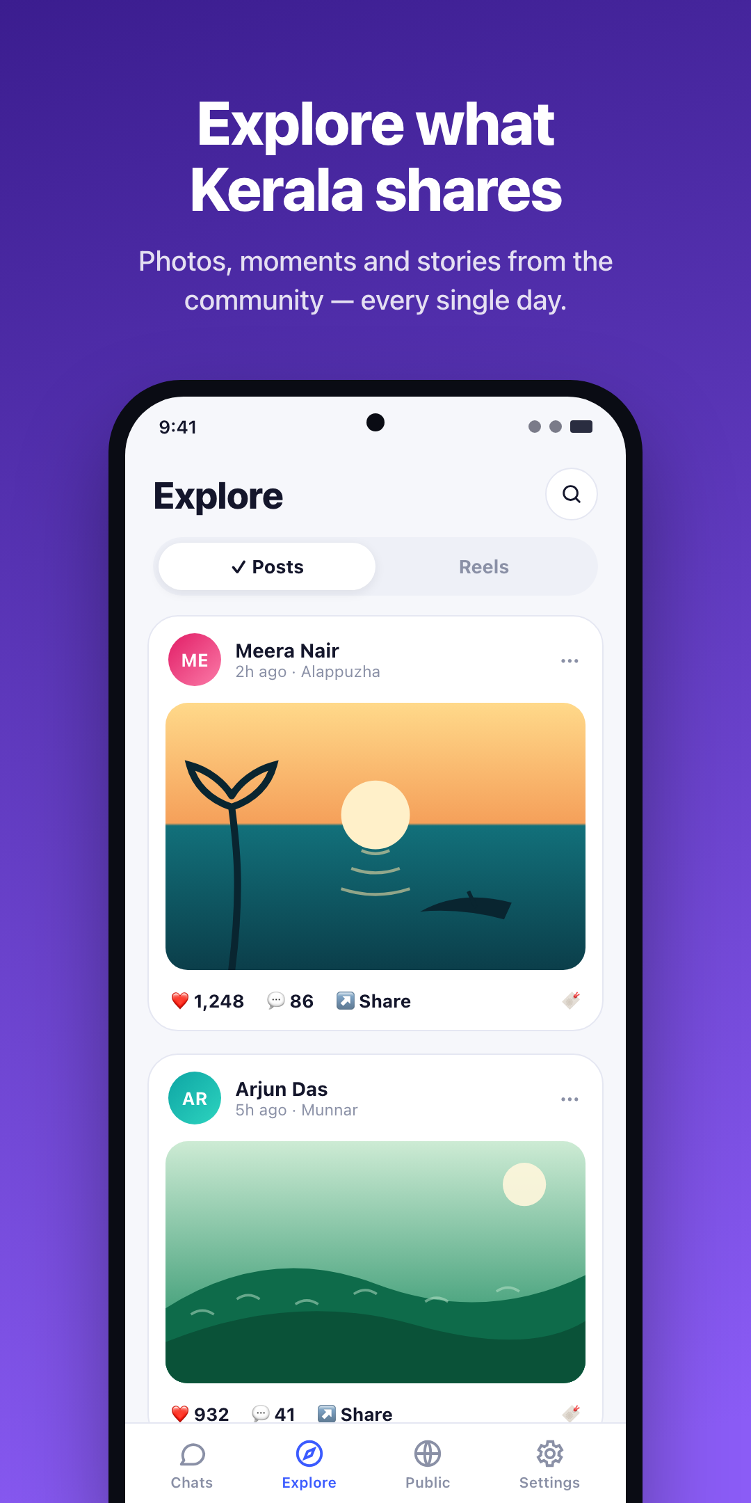 Explore posts screen — photos and moments shared by the community